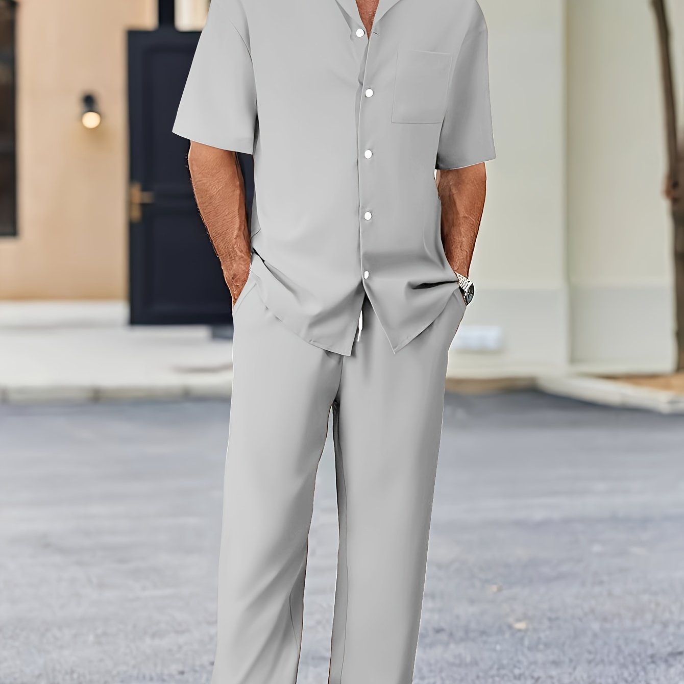 Men's Casual Suit-Inspired Short Sleeve Shirt & Loose Straight Pants Set - Polyester, Machine Washable Cole Hampton