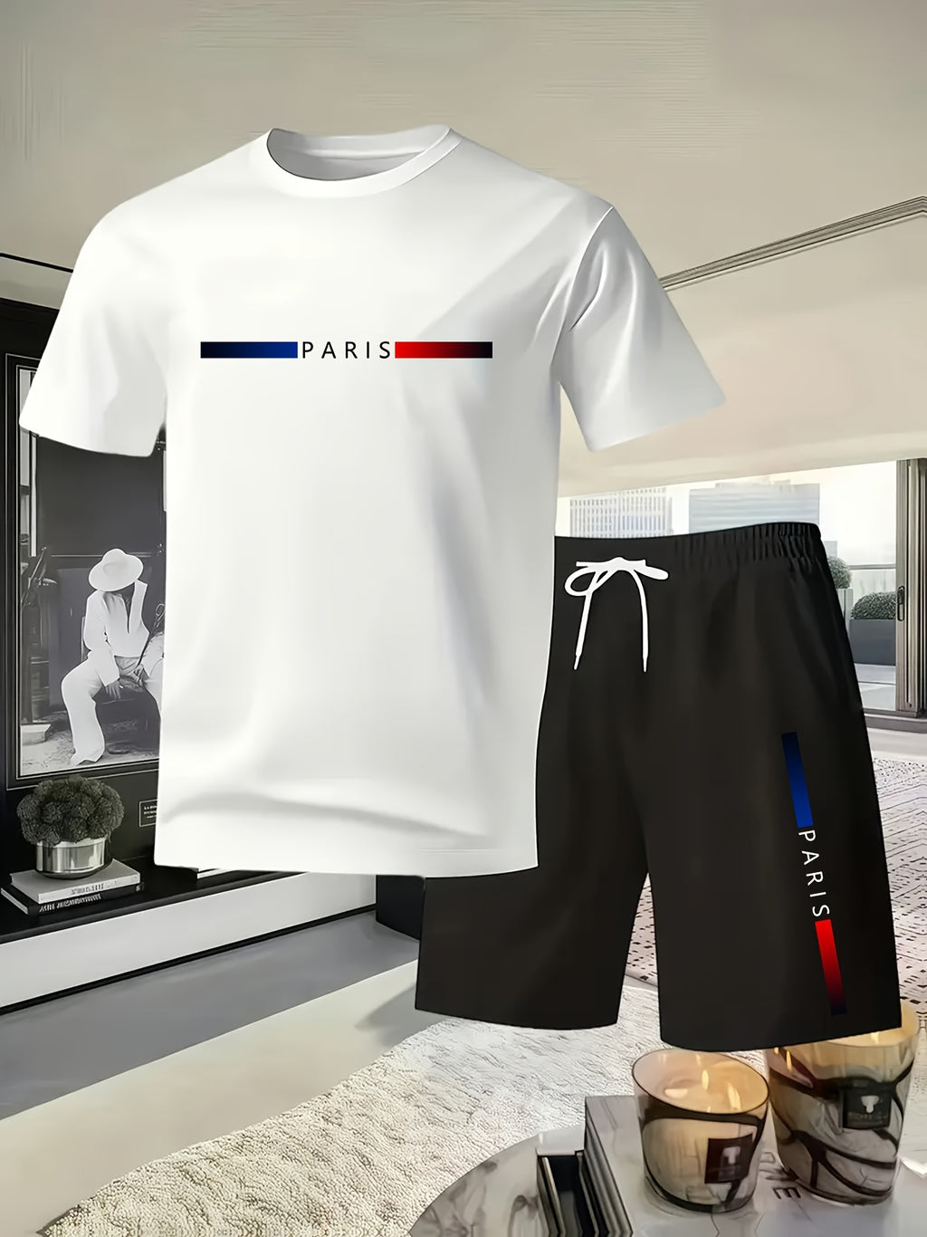 Summer Trend PARIS Print Pattern, Men's Fashion Casual T-shirt and Shorts Set Cole Hampton