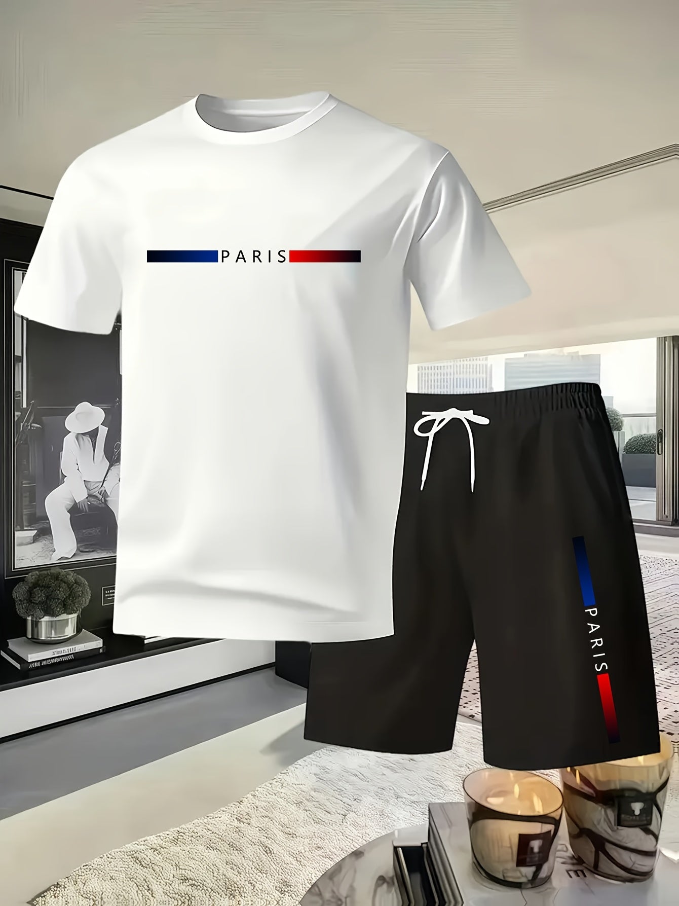 Summer Trend PARIS Print Pattern, Men's Fashion Casual T-shirt and Shorts Set Cole Hampton