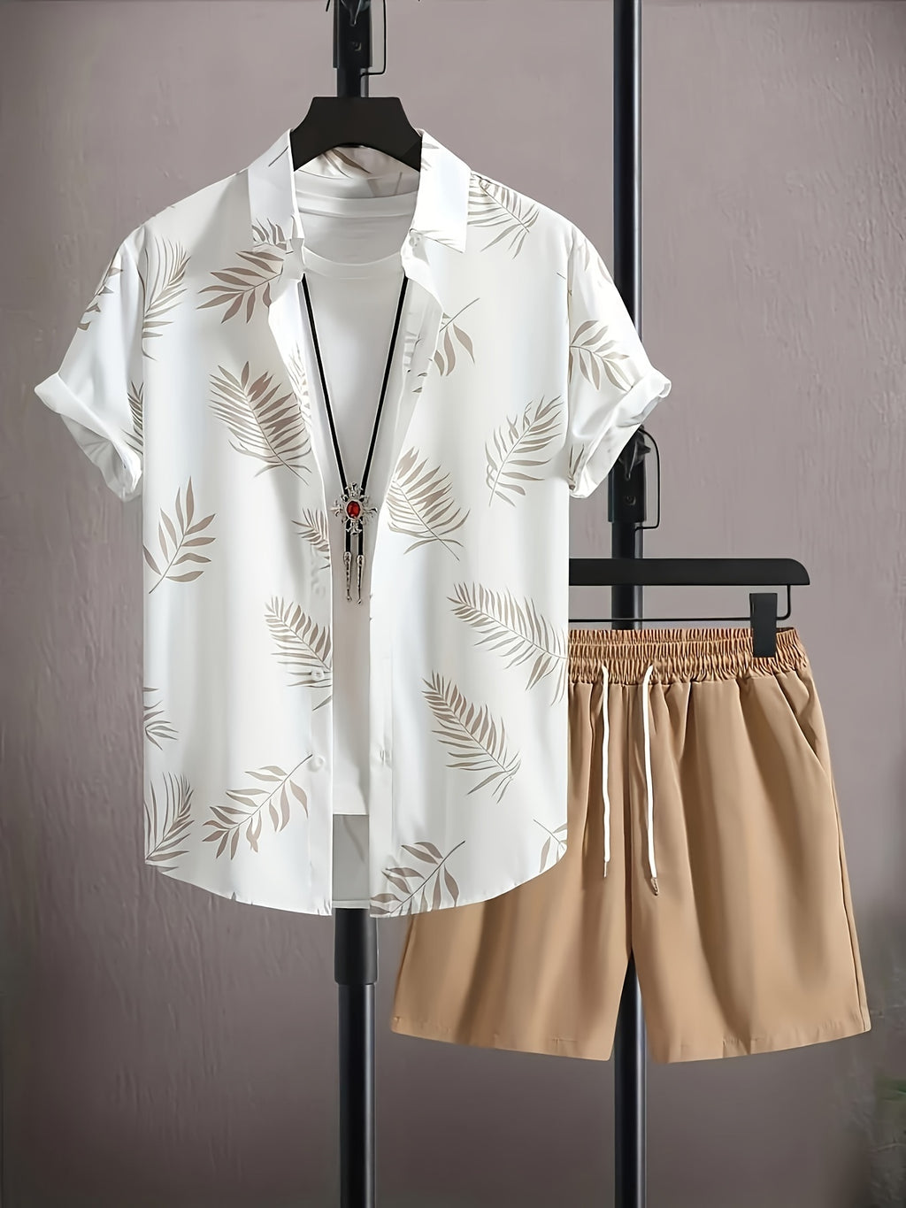 Men'S Two-Piece Set Featuring a Leaf Print Button-Up Shirt And Drawstring Casual Shorts, Perfect for Relaxed Summer Wear Cole Hampton