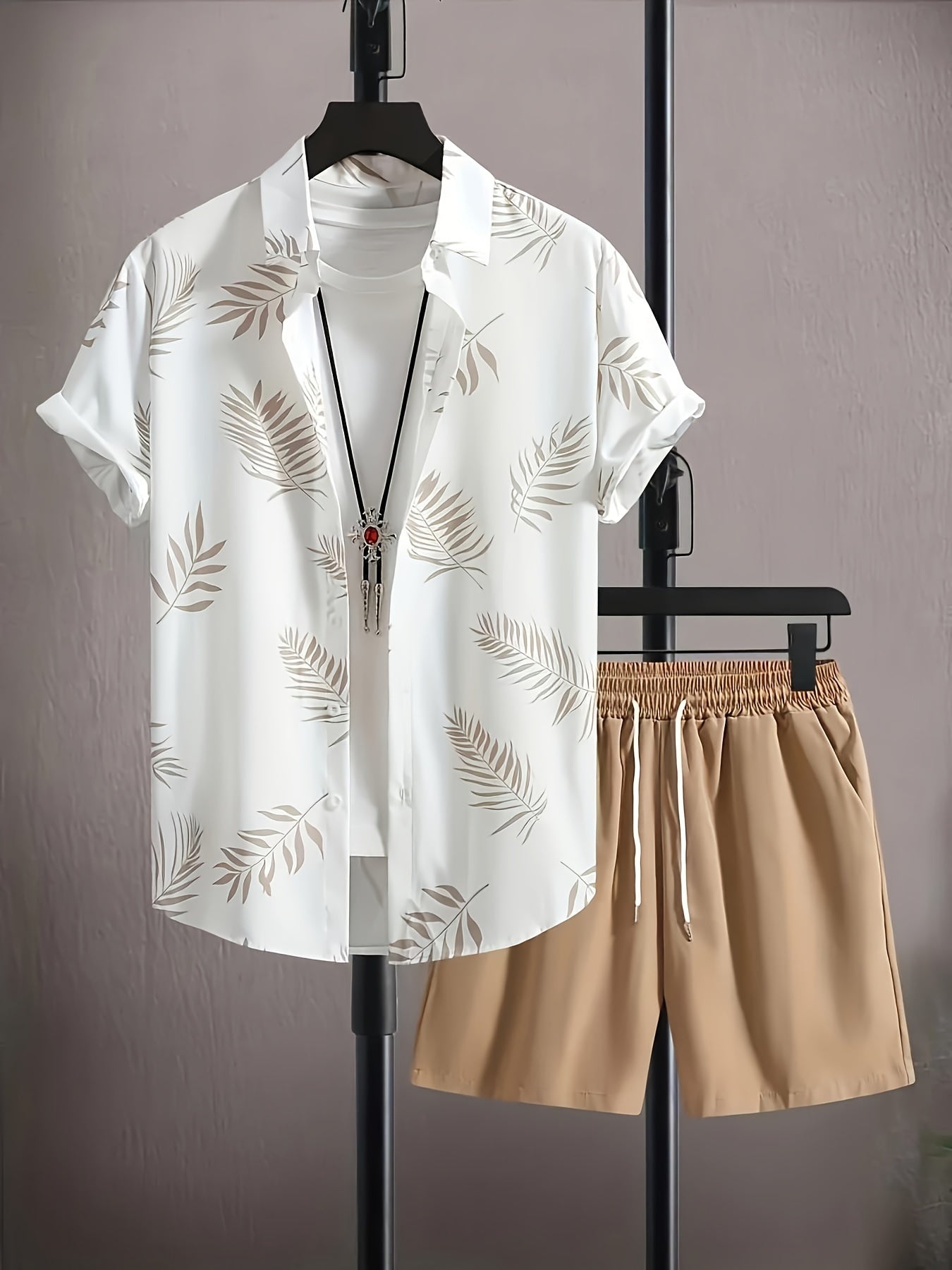 Men'S Two-Piece Set Featuring a Leaf Print Button-Up Shirt And Drawstring Casual Shorts, Perfect for Relaxed Summer Wear Cole Hampton
