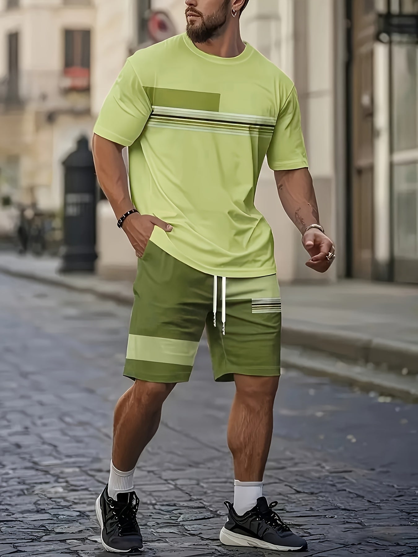 Men's Outdoor Outfit Set, Summer Trendy Fashion Short-Sleeve Crew Neck Creative Quick-Dry T-Shirt Top + Shorts, 3D Digital Print Vintage Style Striped Contrast Color Pattern, A Must-Have for Street Trendsetters, Suitable for Daily Casual Cole Hampton