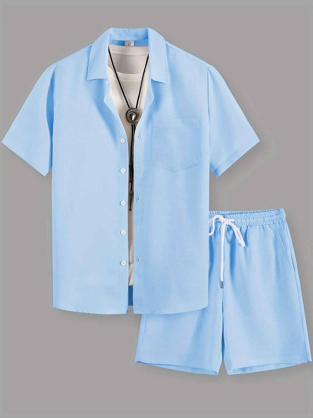 OBM Starry Men'S Solid Color Fresh Pocket Short Sleeve Shirt And Drawstring Double Slant Pockets Shorts Set Cole Hampton