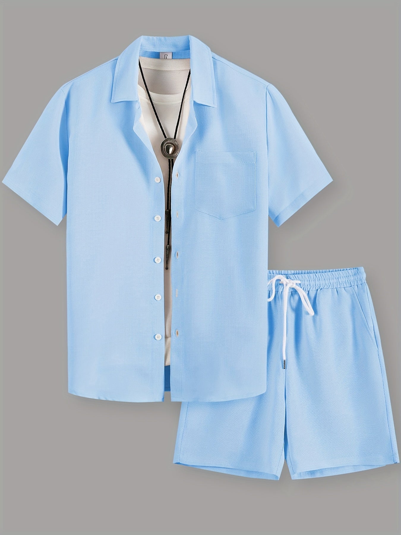 OBM Starry Men'S Solid Color Fresh Pocket Short Sleeve Shirt And Drawstring Double Slant Pockets Shorts Set Cole Hampton