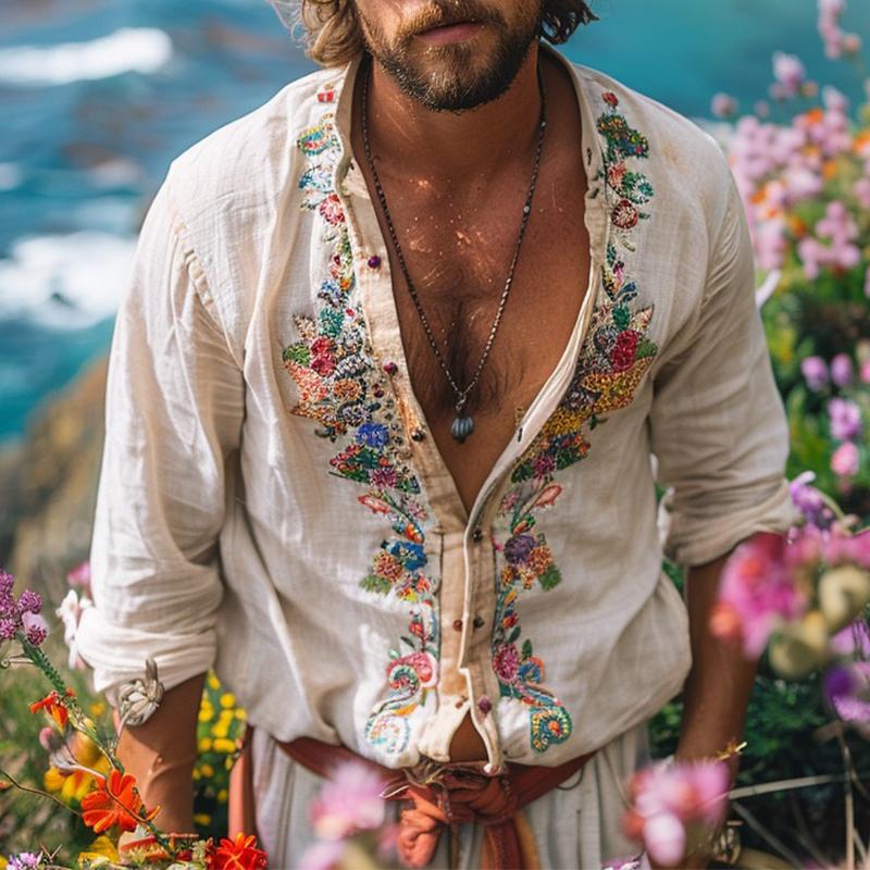 Robert | Men's Bohemian Grandad Collar Linen Shirt Cole Hampton