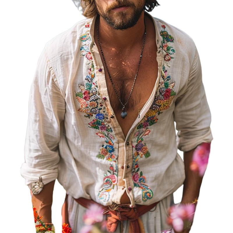 Robert | Men's Bohemian Grandad Collar Linen Shirt Cole Hampton