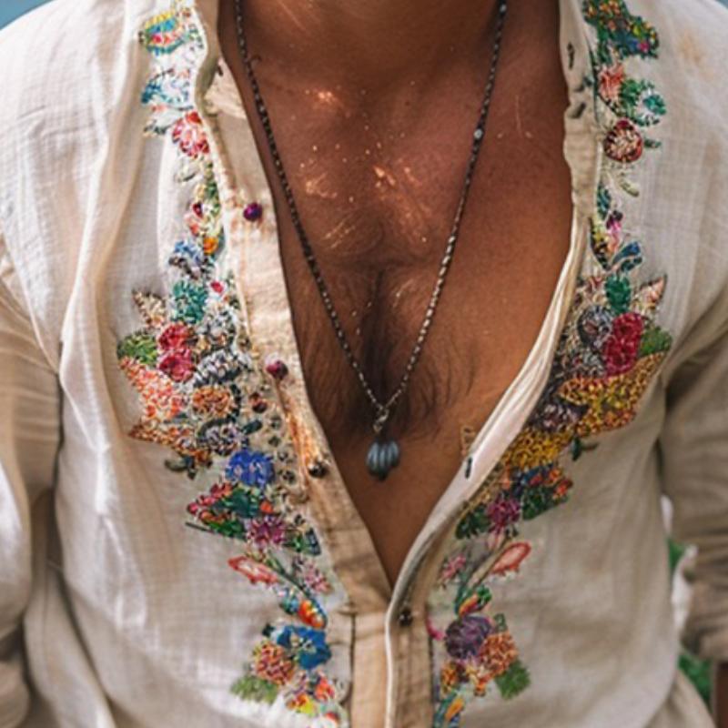 Robert | Men's Bohemian Grandad Collar Linen Shirt Cole Hampton