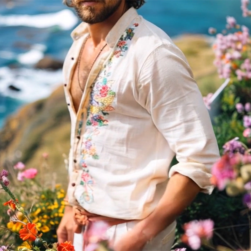 Robert | Men's Bohemian Grandad Collar Linen Shirt Cole Hampton