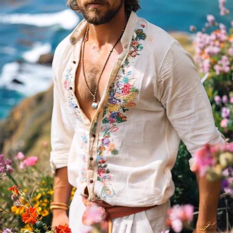 Robert | Men's Bohemian Grandad Collar Linen Shirt Cole Hampton